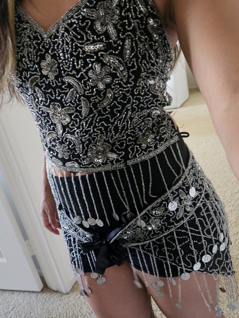 Vintage Belly Dance Black Beaded Fringe Top And Wrap Skirt